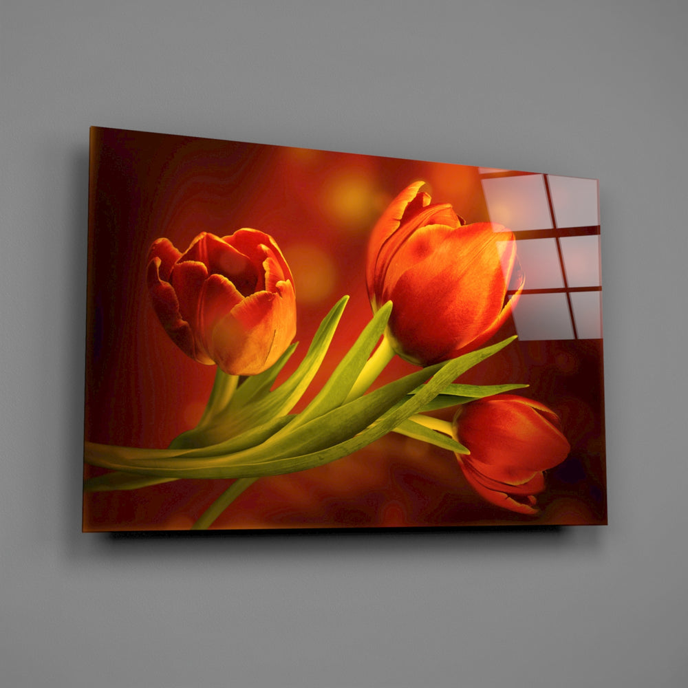 Orange tulip bouquet panel bringing romantic warmth to a contemporary living space