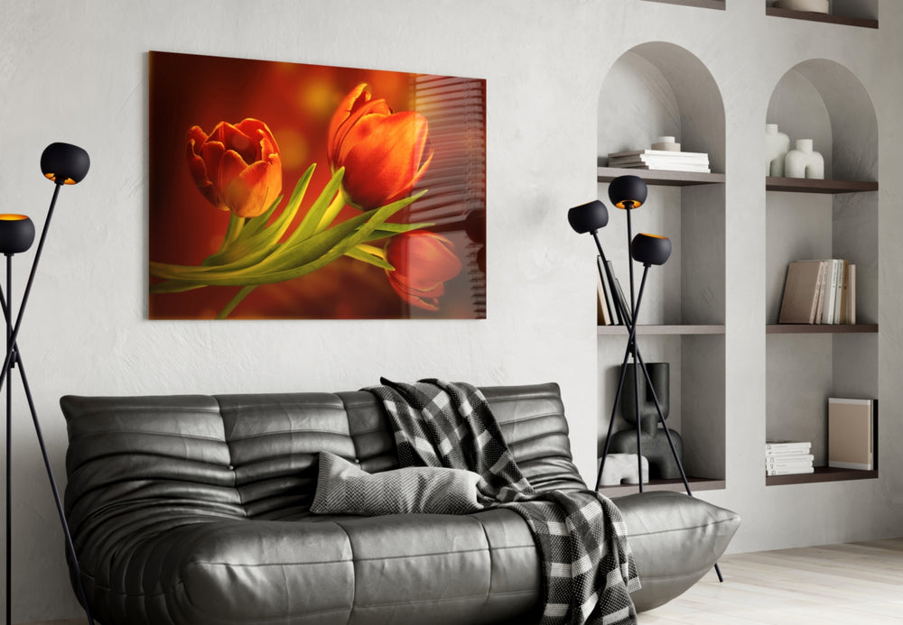 Flower glass wall art styled above a bed in an autumn-warm bedroom