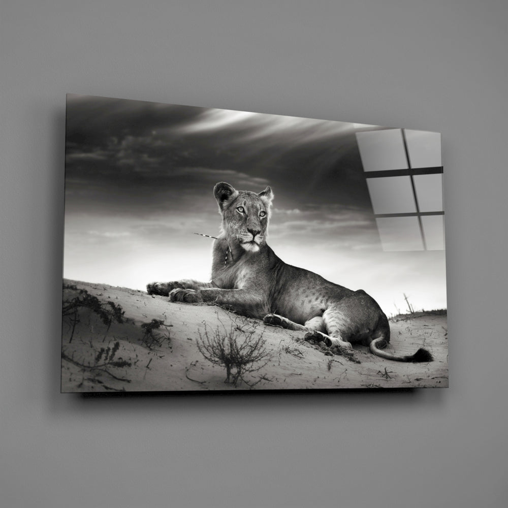 Monochrome lioness panel bringing quiet authority to a contemporary living space