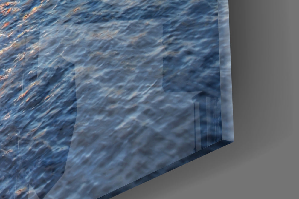 Dock artwork anchoring a hallway with sunset palette