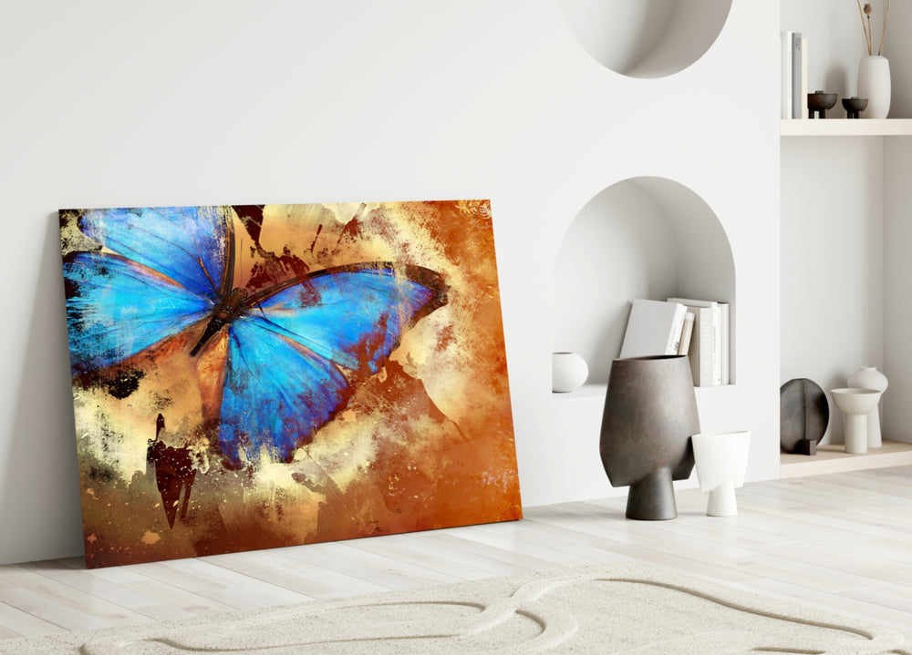Close-up detail of the iridescent blue morpho wings against rust ground
