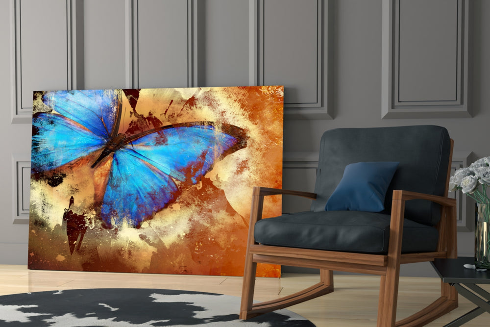 Butterfly glass print enhancing a hallway with statement color
