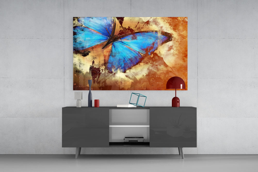 Butterfly panel catching warm light to reveal its iridescent blue