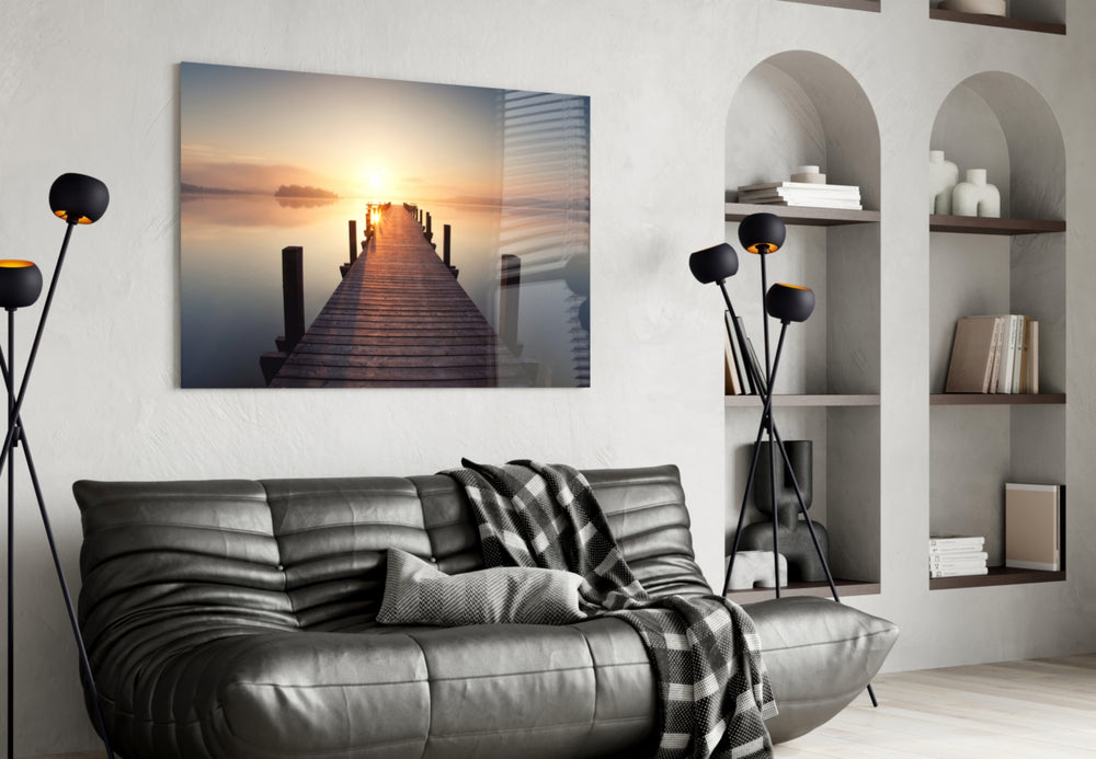 Dock glass wall art styled above a sofa in a cabin-warm living room
