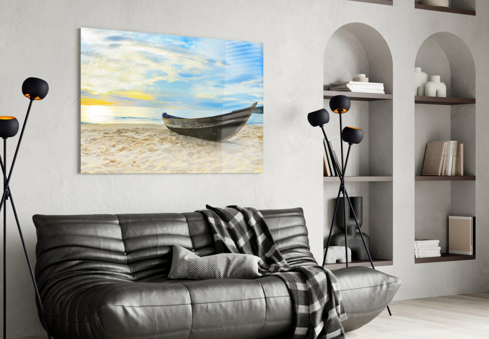 Beach glass wall art styled above a bed in a seaside-mood bedroom