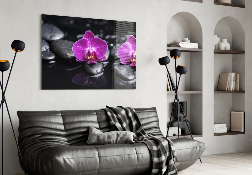 Orchid glass wall art styled in a spa-restraint bathroom