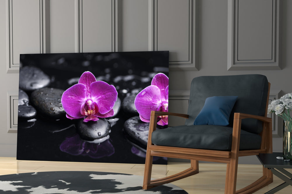 Orchid glass print enhancing a meditation corner with calm presence