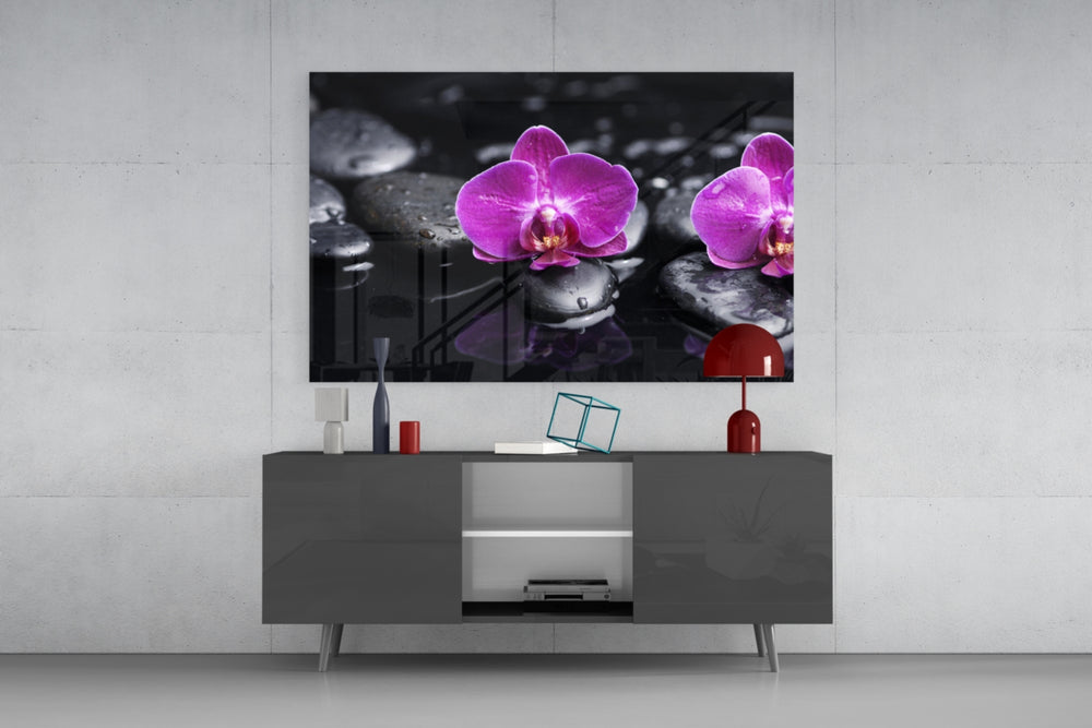 Orchid panel catching soft light to reveal its lacquered stones