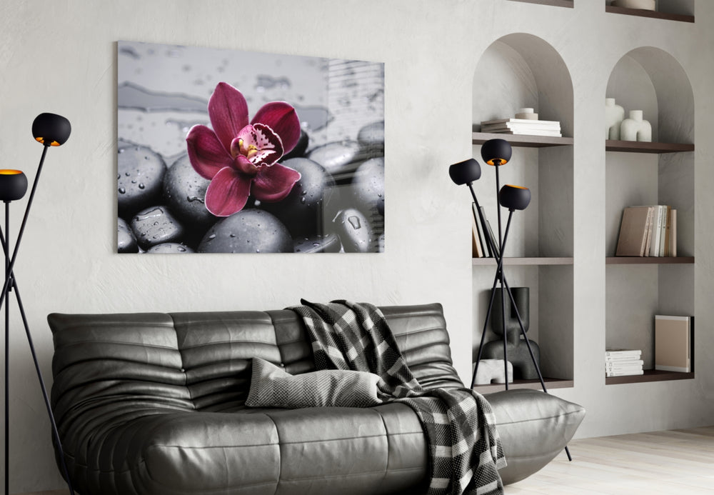 Spa glass wall art styled in a luxe-spa bathroom