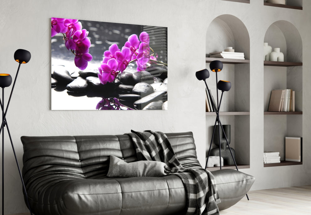 Spa glass wall art styled in a luxe-spa bathroom