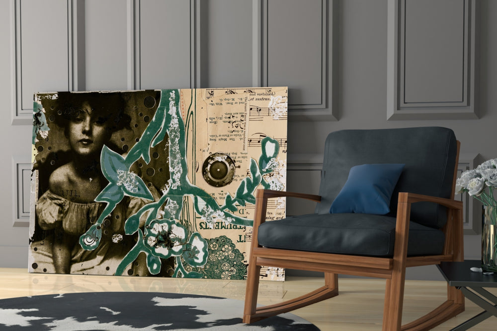 Abstract glass print enhancing a dressing area with letter-page warmth