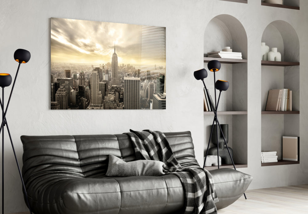 New York glass wall art styled above a sofa in a global-city living room