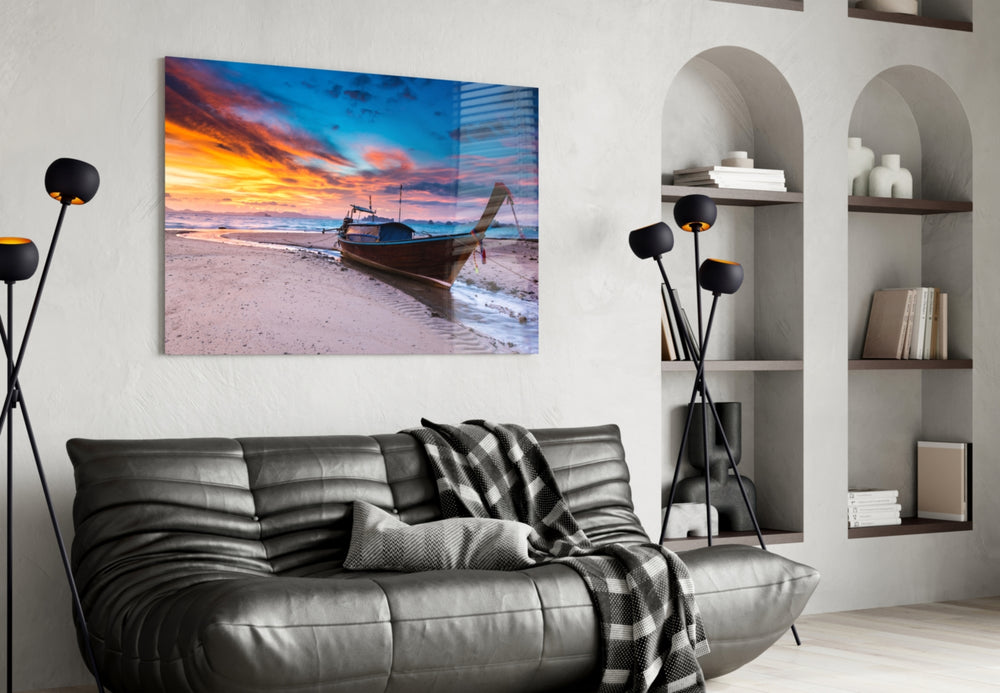 Red Sky glass wall art styled above a sofa in a global-adventure living room