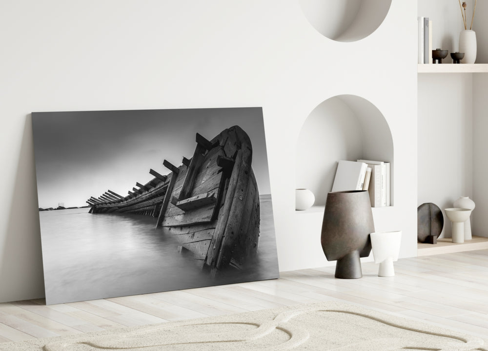 Close-up detail of the wooden ship ribs in long-exposure mist