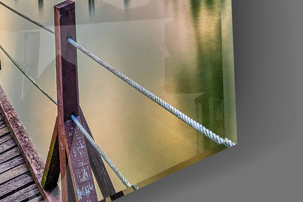 Dock artwork anchoring a library with lakeside palette