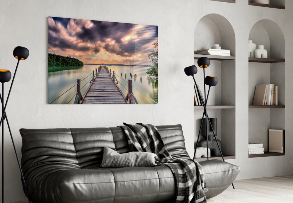 Dock glass wall art styled above a sofa in a retreat-mood living room
