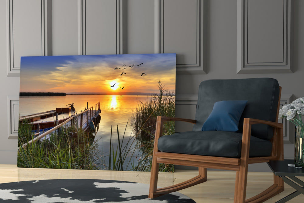 Sunset glass print enhancing a living room with nature-forward calm