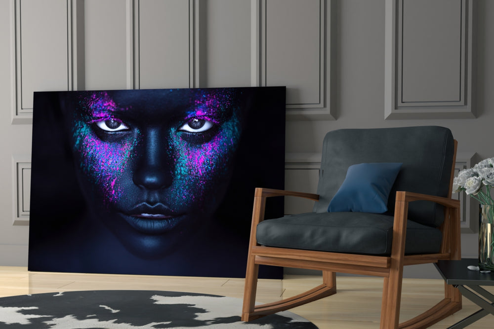 Woman Portrait glass print enhancing a dressing area with avant-garde grace