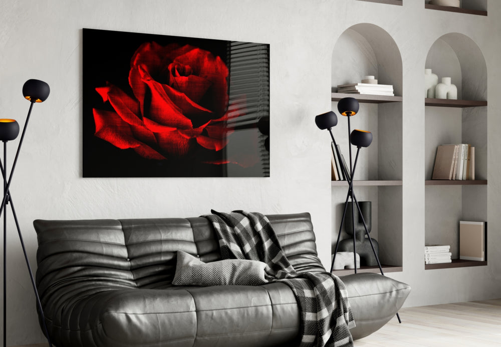 Red Rose glass wall art styled above a bed in a passion-mood bedroom