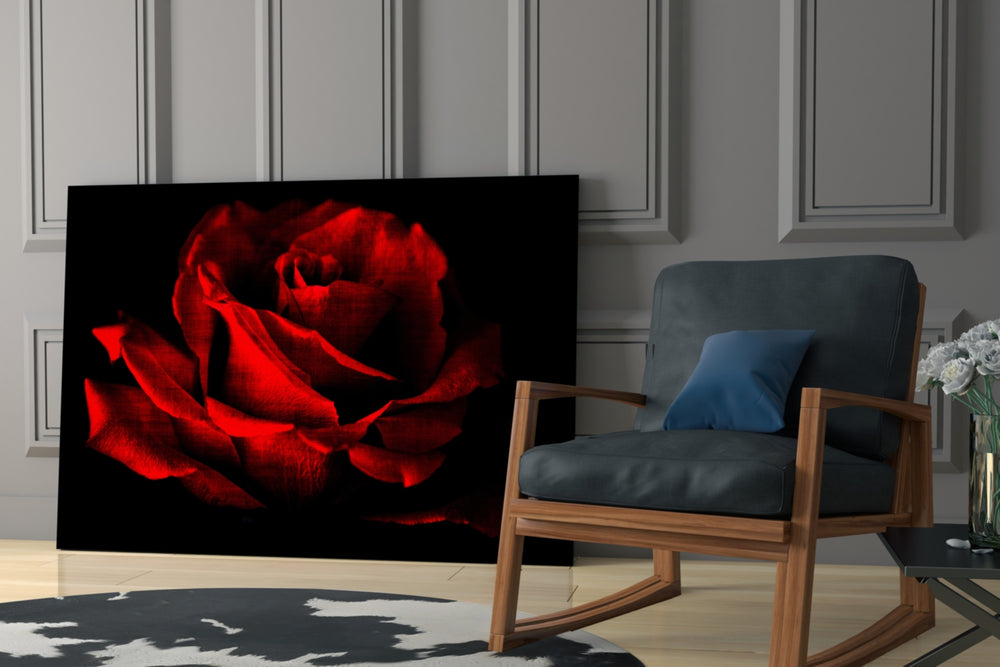 Red Rose glass print enhancing a lounge with statement color