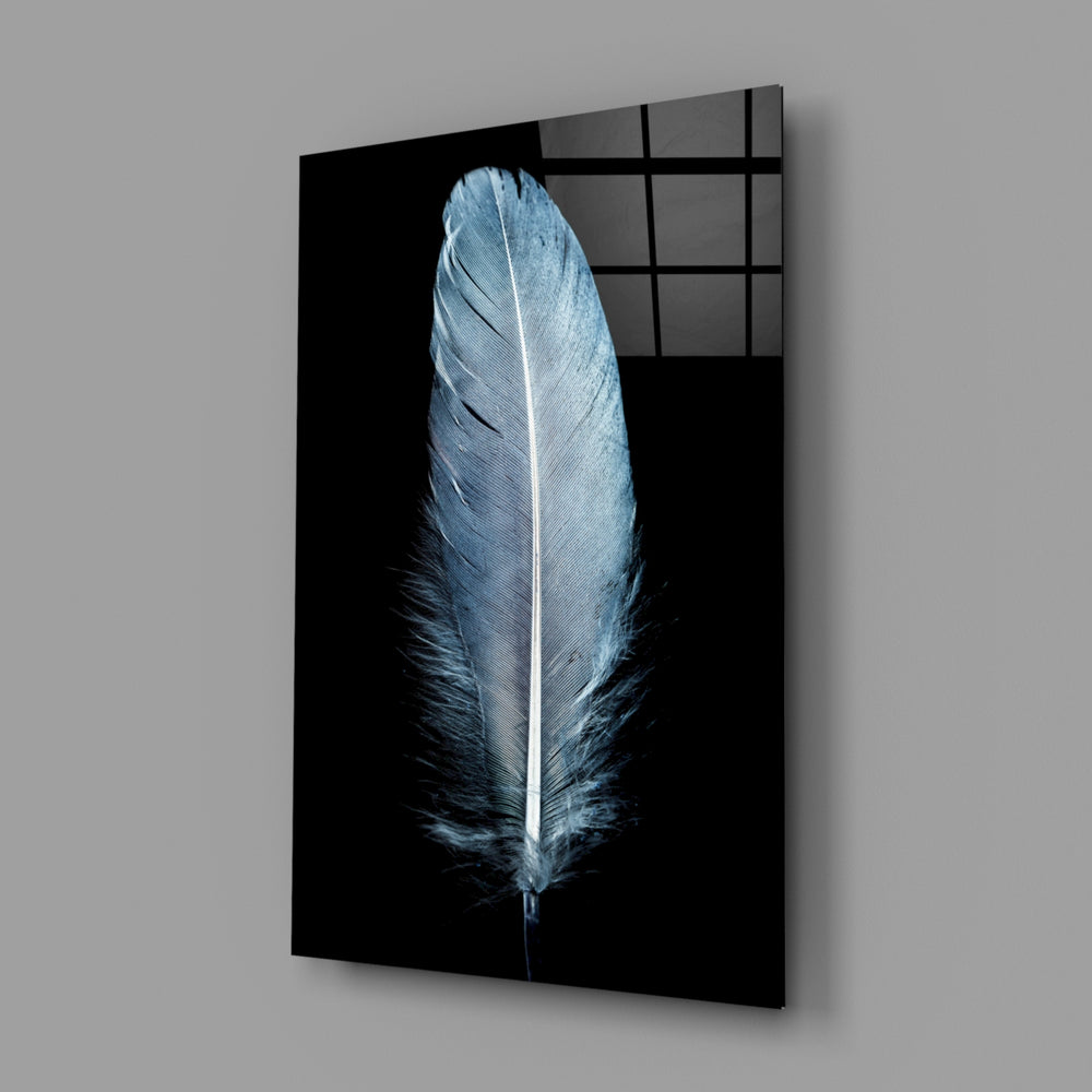 Slate-blue feather panel bringing minimalist calm to a contemporary living space