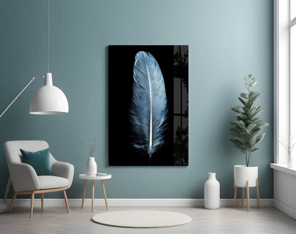 Blue Feather glass wall art styled above a bed in a cool-palette bedroom