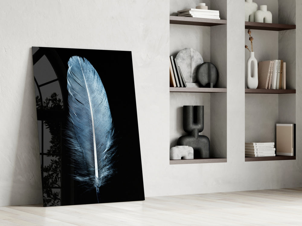 Blue Feather glass print enhancing a minimalist hallway