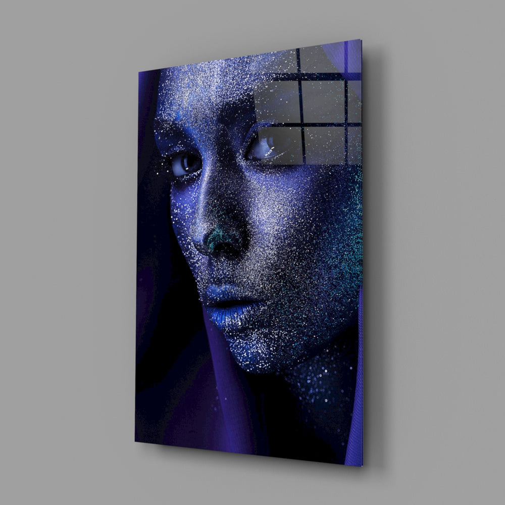 Cobalt glitter portrait panel bringing editorial mood to a contemporary living space