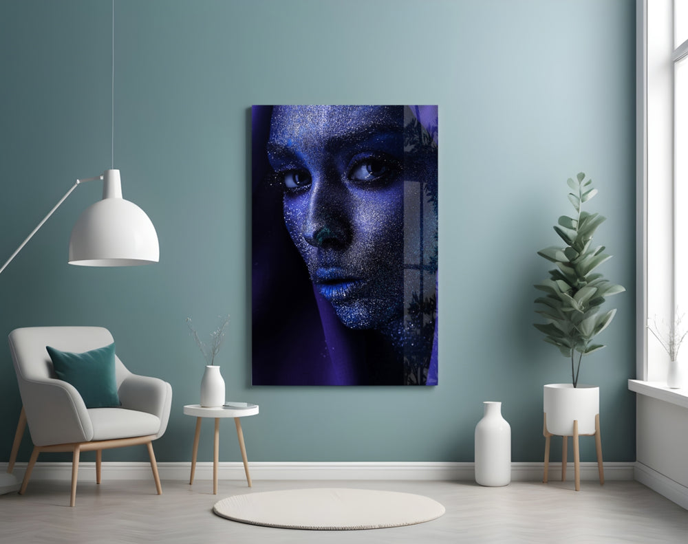 Woman Portrait 2 glass wall art styled above a bed in a moody bedroom