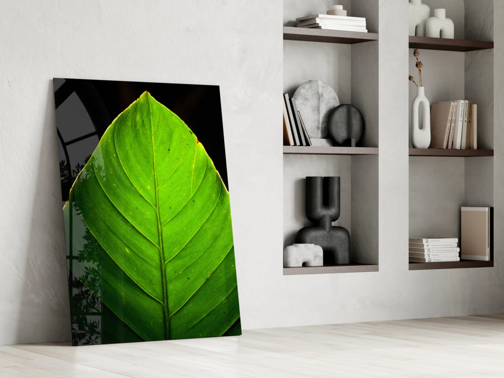 Green Leaf glass print enhancing a kitchen nook with fresh greenery