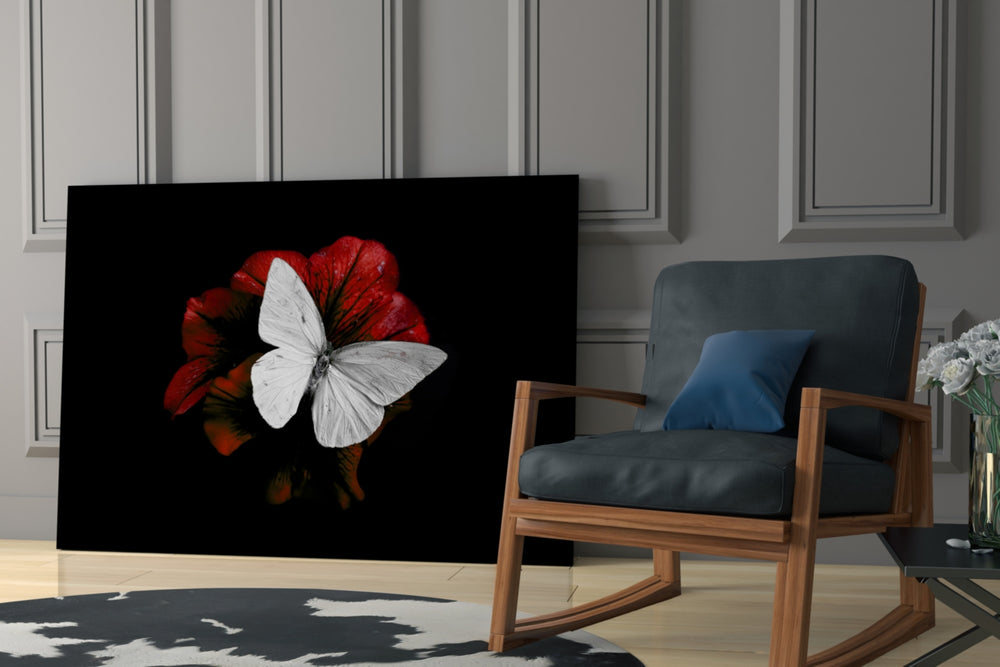 Butterfly glass print enhancing a hallway with poetic accent