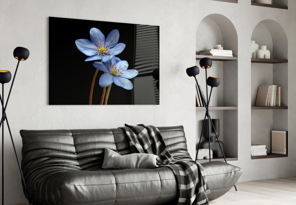 Blue Flower glass wall art styled above a bed in a serene bedroom