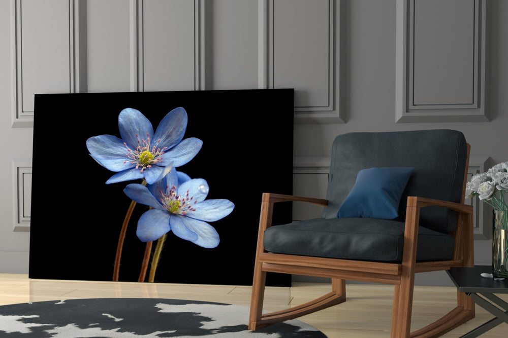 Blue Flower glass print enhancing a reading nook with poetic warmth