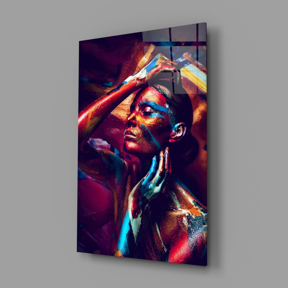 Body-paint portrait panel bringing bold color to a contemporary living space