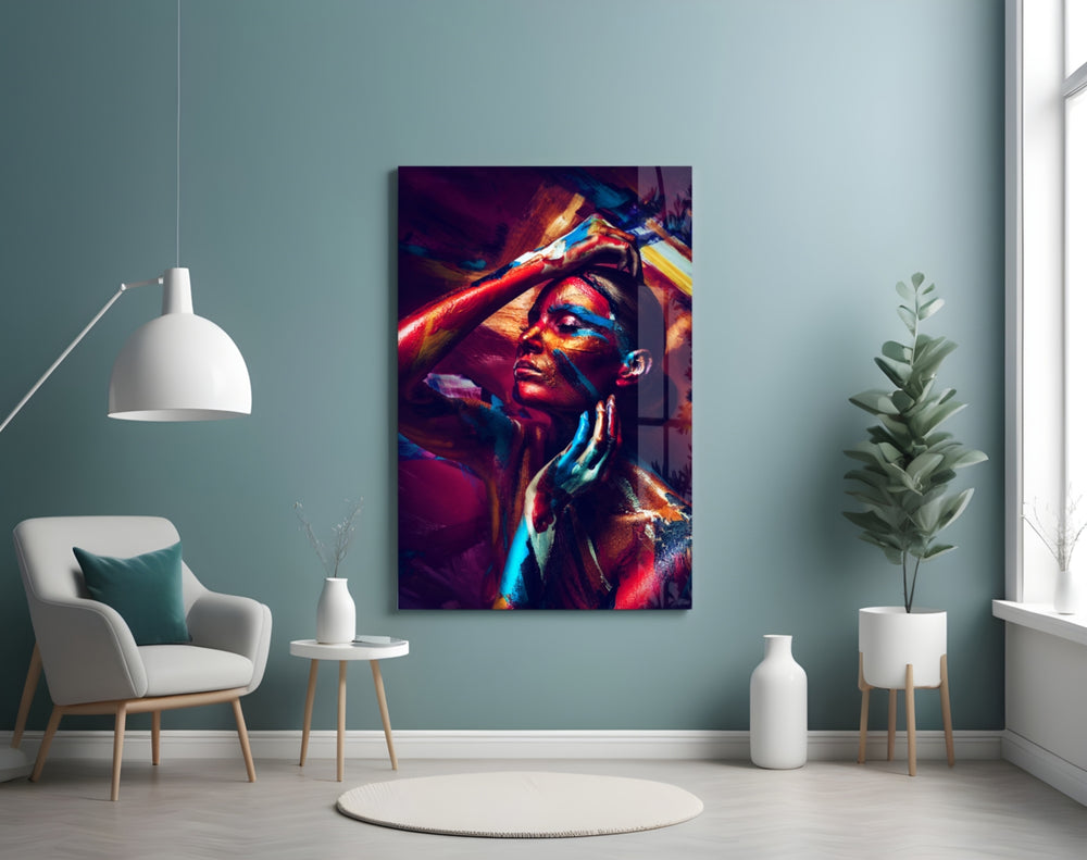Female Portrait 3 glass wall art styled in a creative studio