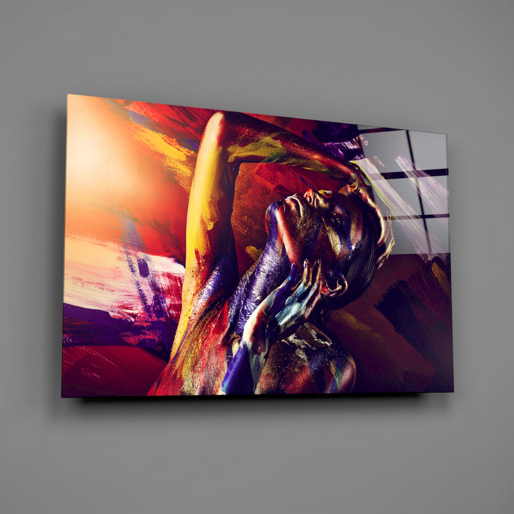 Body-paint portrait panel bringing painterly drama to a contemporary living space