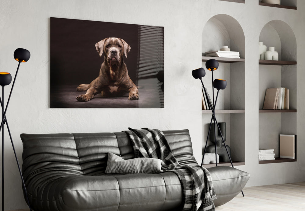 Dog glass wall art styled above a sofa in a gentleman's-study living room