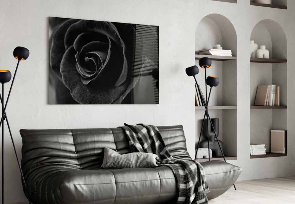 Black Rose glass wall art styled above a bed in an after-dark bedroom
