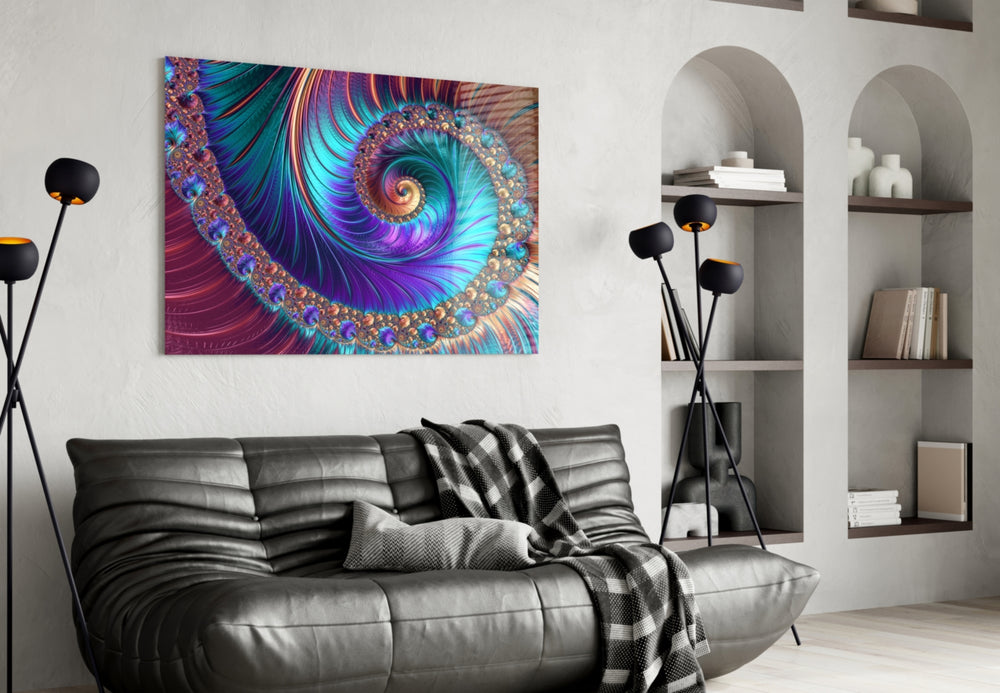 Abstract glass wall art styled above a sofa in a peacock-taste lounge