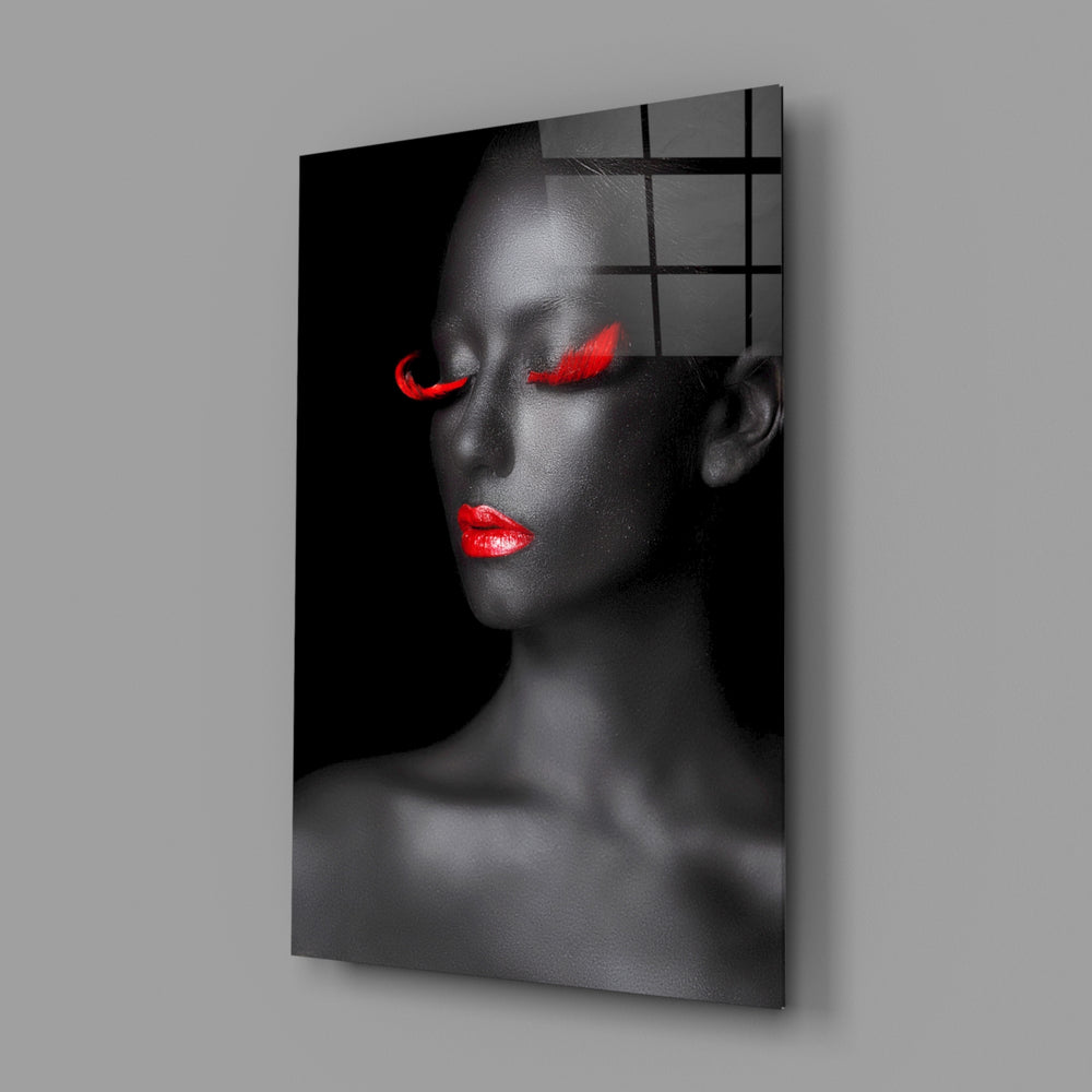 Red-lash beauty portrait bringing graphic drama to a contemporary living space