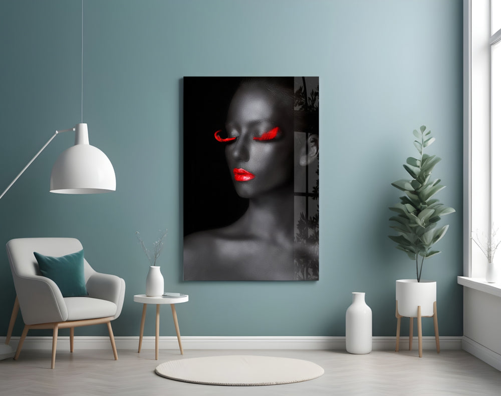 Woman Portrait 7 glass wall art styled above a bed in a bold-palette bedroom