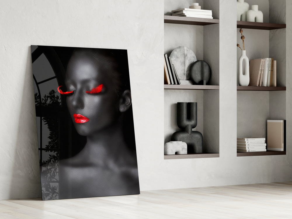 Woman Portrait 7 glass print enhancing a hallway with red accent