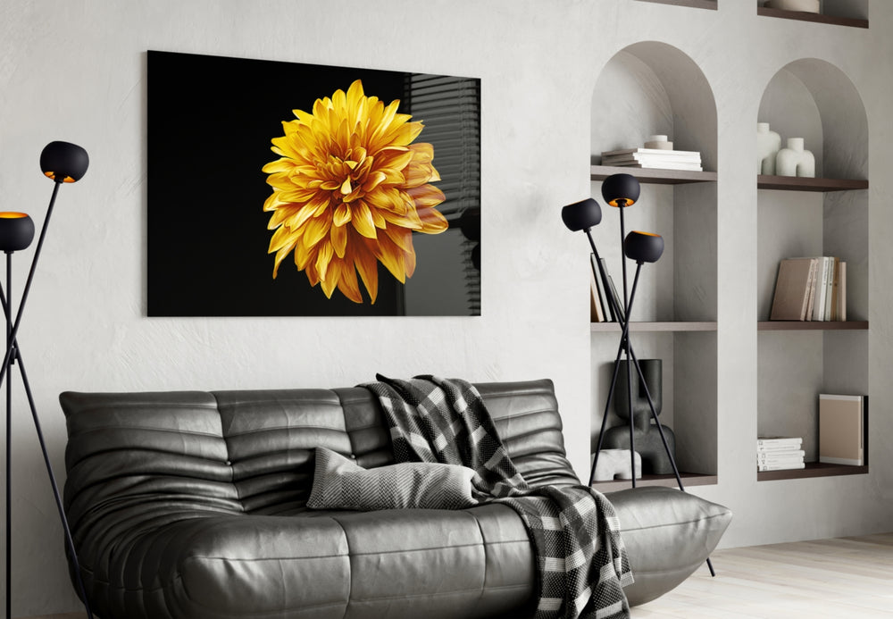 Yellow Flower glass wall art styled above a counter in a sunny-accent kitchen