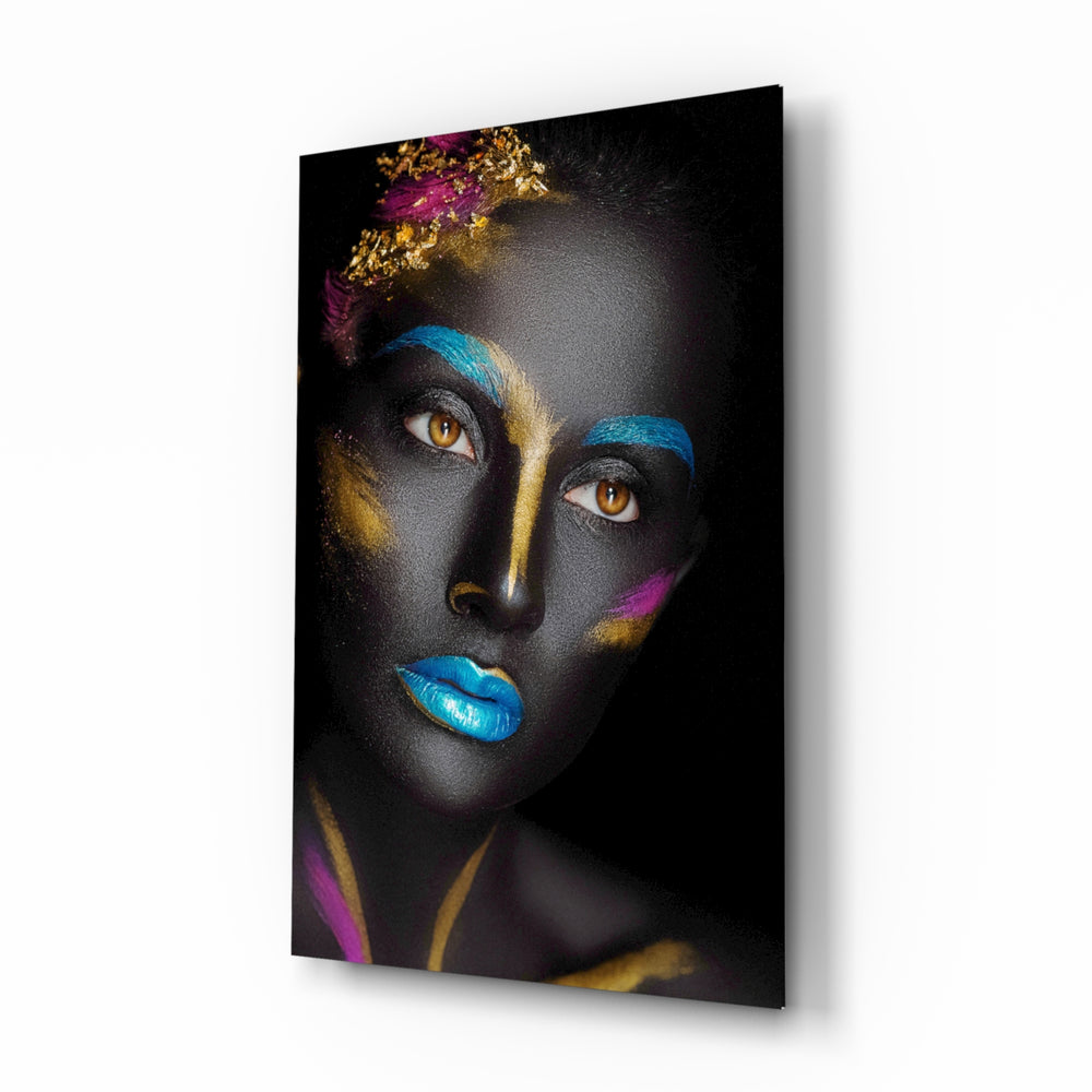 Woman Portrait 8 glass wall art displayed above a console in a designer interior