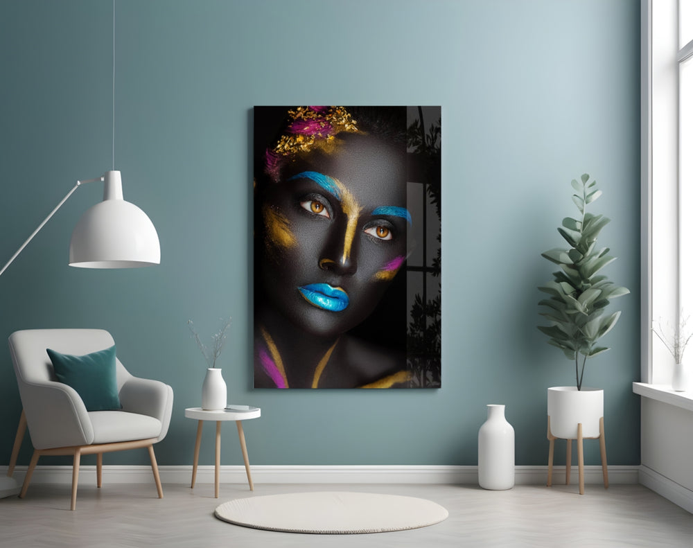 Woman Portrait 8 glass wall art styled above a bed in a playful-palette bedroom
