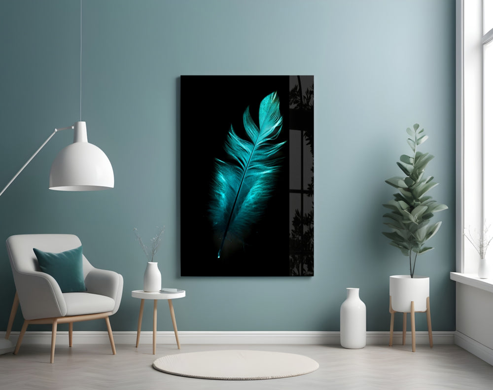 Green Feather glass wall art styled above a bed in a coastal-palette bedroom