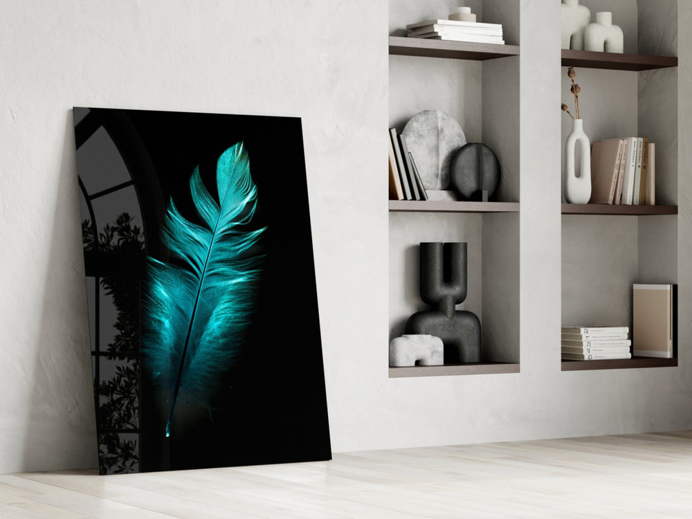 Green Feather glass print enhancing a meditation corner