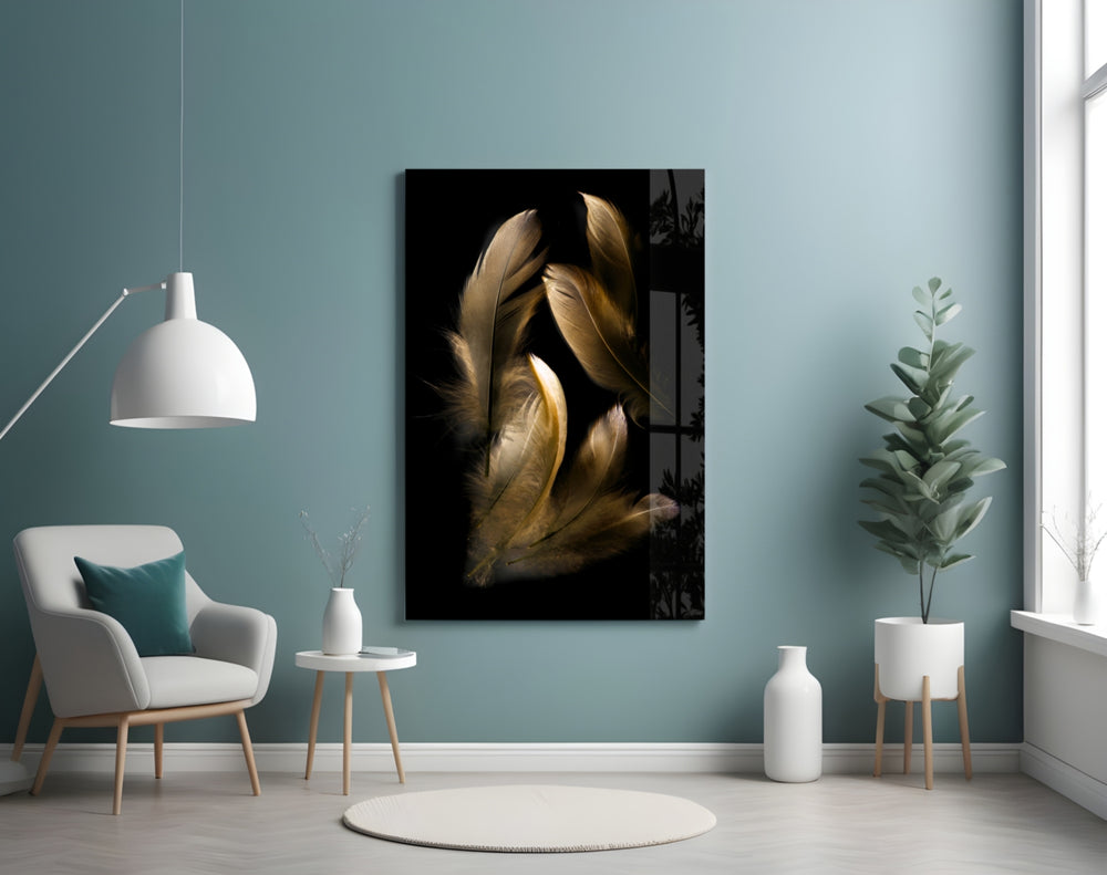 Tan Feather glass wall art styled above a bed in a farmhouse-warm bedroom