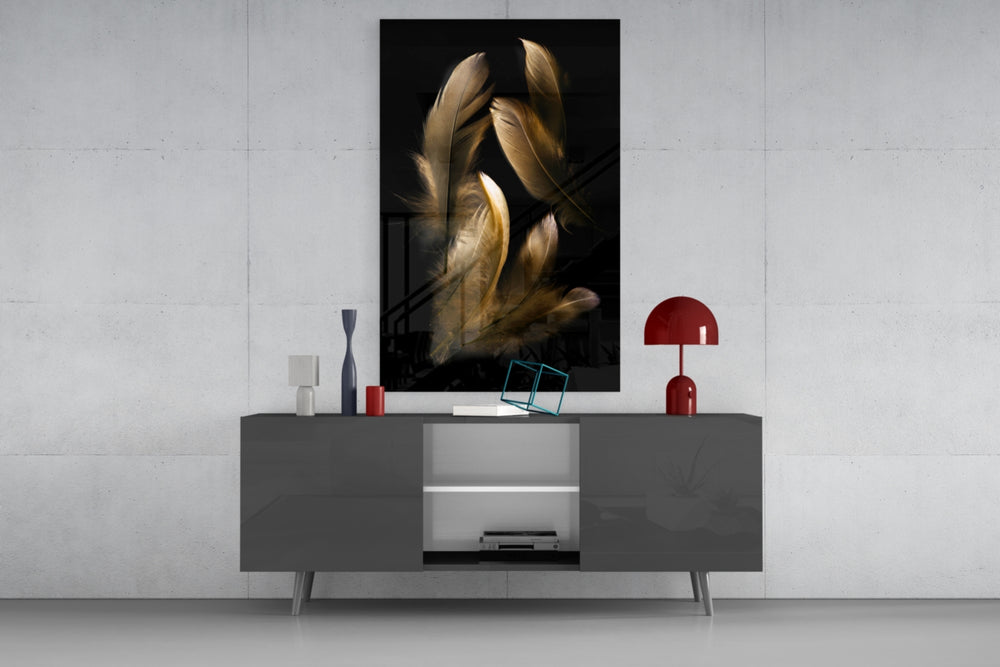 Tan Feather panel catching lamp light to reveal its gold highlights