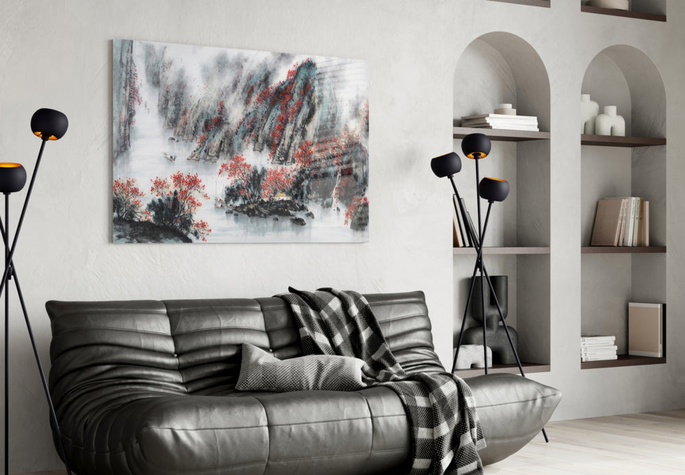 Japanese Drawing glass wall art styled above a desk in a literati-taste study